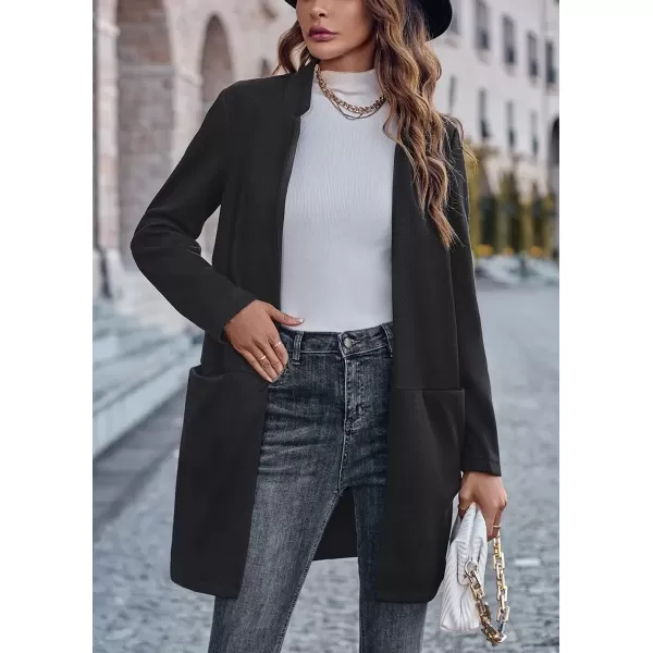 imagechouyatou Womens Casual Business Stand Collar Blazer Jacket Open Front Office Work Mid Long CoatsBlack