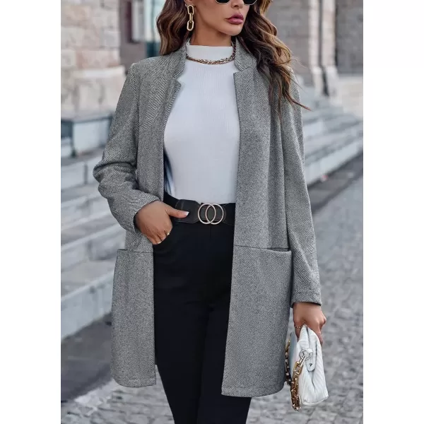 imagechouyatou Womens Casual Business Stand Collar Blazer Jacket Open Front Office Work Mid Long CoatsGrey