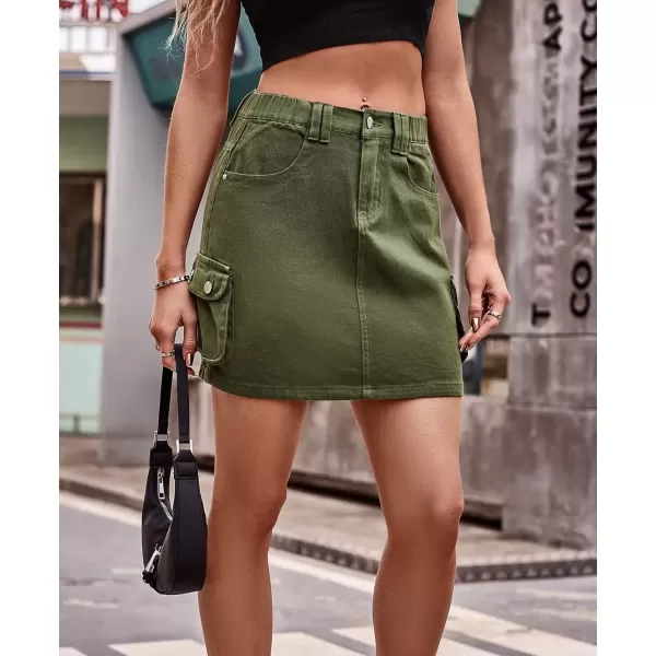 imagechouyatou Womens Elastic Waist Cargo Skirt Y2K ALine Cargo Mini Skirt Summer Denim SkirtArmy Green