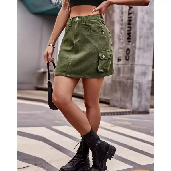 imagechouyatou Womens Elastic Waist Cargo Skirt Y2K ALine Cargo Mini Skirt Summer Denim SkirtArmy Green