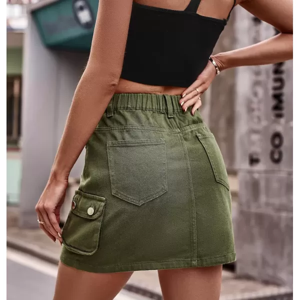 imagechouyatou Womens Elastic Waist Cargo Skirt Y2K ALine Cargo Mini Skirt Summer Denim SkirtArmy Green