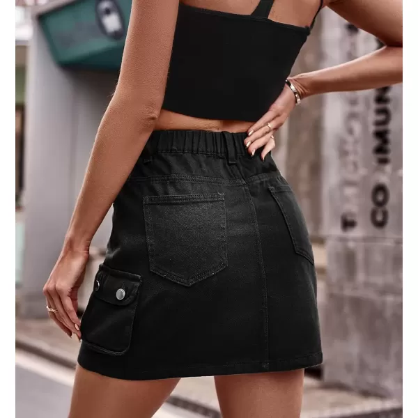 imagechouyatou Womens Elastic Waist Cargo Skirt Y2K ALine Cargo Mini Skirt Summer Denim SkirtBlack
