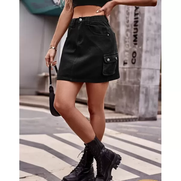 imagechouyatou Womens Elastic Waist Cargo Skirt Y2K ALine Cargo Mini Skirt Summer Denim SkirtBlack
