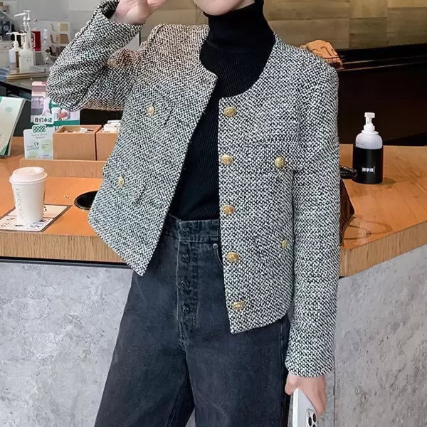 imagechouyatou Womens Elegant Business Casual Crop Plaid Tweed Blazer Jacket Open Front Short Button Down SuitGrey