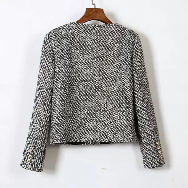 imagechouyatou Womens Elegant Business Casual Crop Plaid Tweed Blazer Jacket Open Front Short Button Down SuitGrey