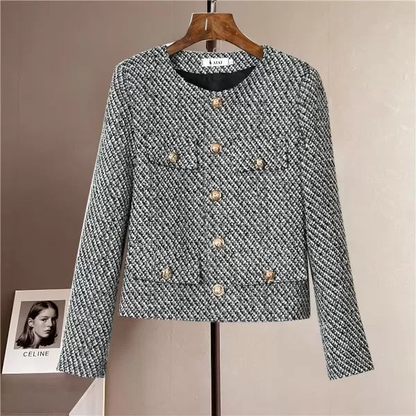 imagechouyatou Womens Elegant Business Casual Crop Plaid Tweed Blazer Jacket Open Front Short Button Down SuitGrey