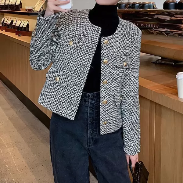 imagechouyatou Womens Elegant Business Casual Crop Plaid Tweed Blazer Jacket Open Front Short Button Down SuitGrey