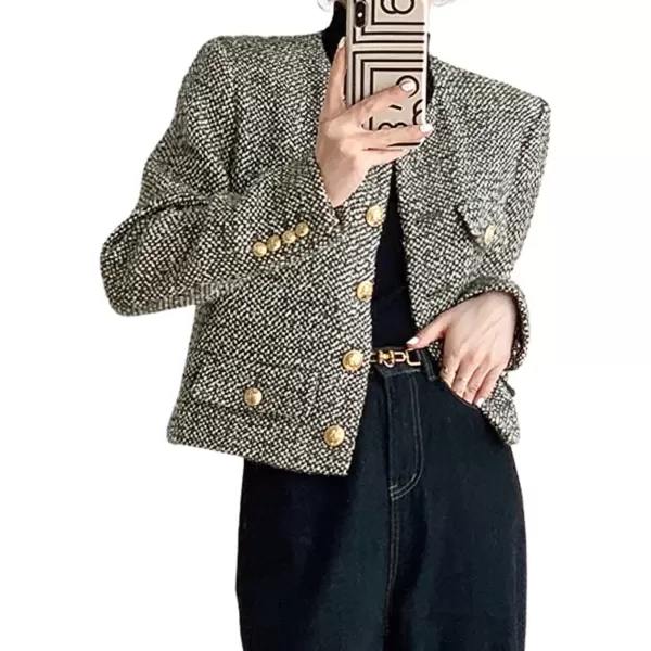 imagechouyatou Womens Elegant Business Casual Crop Plaid Tweed Blazer Jacket Open Front Short Button Down SuitGrey