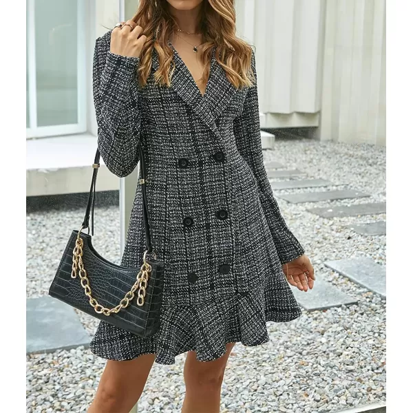 imagechouyatou Womens Elegant Casual Business Tweed Plaid Blazer Suit Dress Double Breasted Office Mini DressBlack
