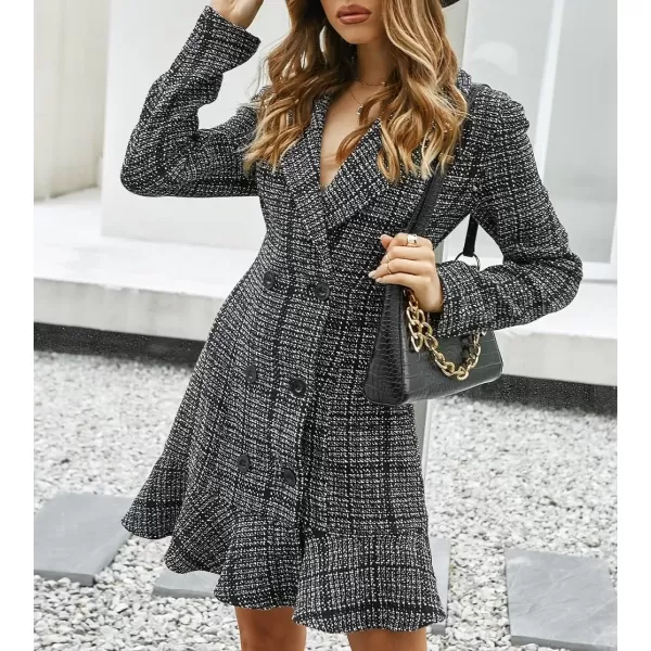 imagechouyatou Womens Elegant Casual Business Tweed Plaid Blazer Suit Dress Double Breasted Office Mini DressBlack