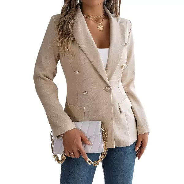 imagechouyatou Womens Elegant Lapel Tweed Blazer Double Breasted Business Casual Tweed Blazer JacketApricot