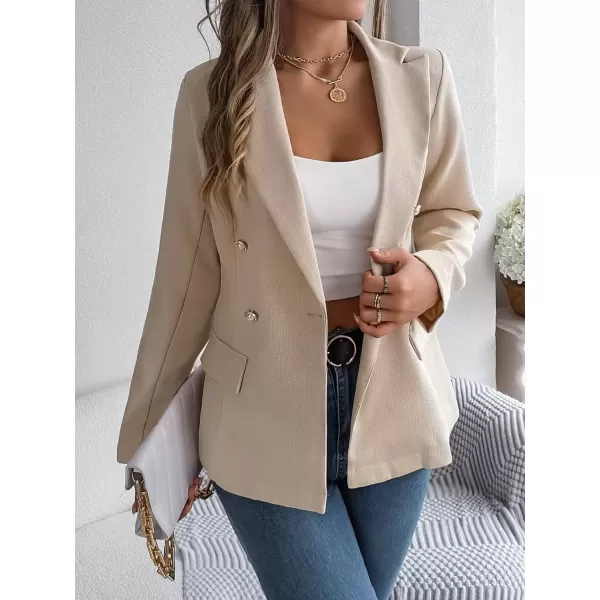 imagechouyatou Womens Elegant Lapel Tweed Blazer Double Breasted Business Casual Tweed Blazer JacketApricot