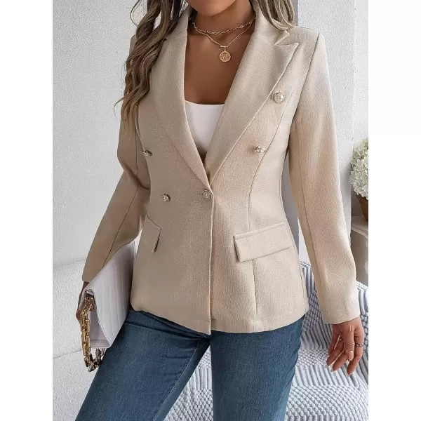 imagechouyatou Womens Elegant Lapel Tweed Blazer Double Breasted Business Casual Tweed Blazer JacketApricot