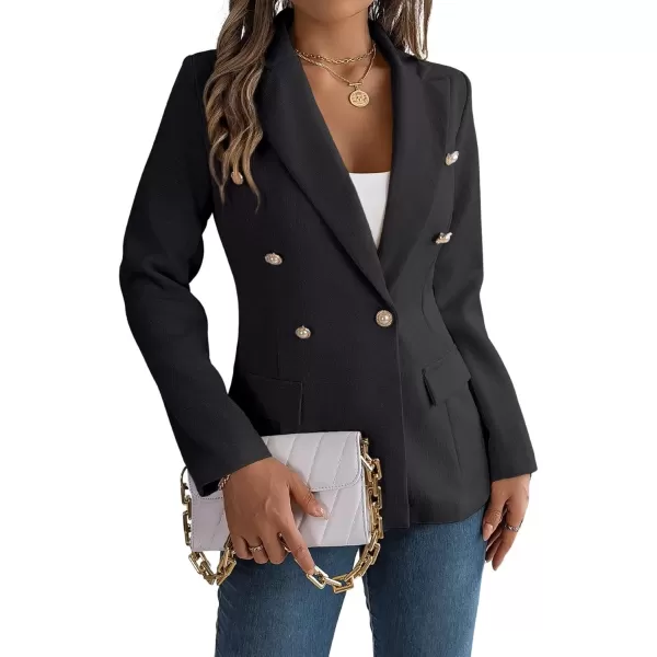 imagechouyatou Womens Elegant Lapel Tweed Blazer Double Breasted Business Casual Tweed Blazer JacketBlack