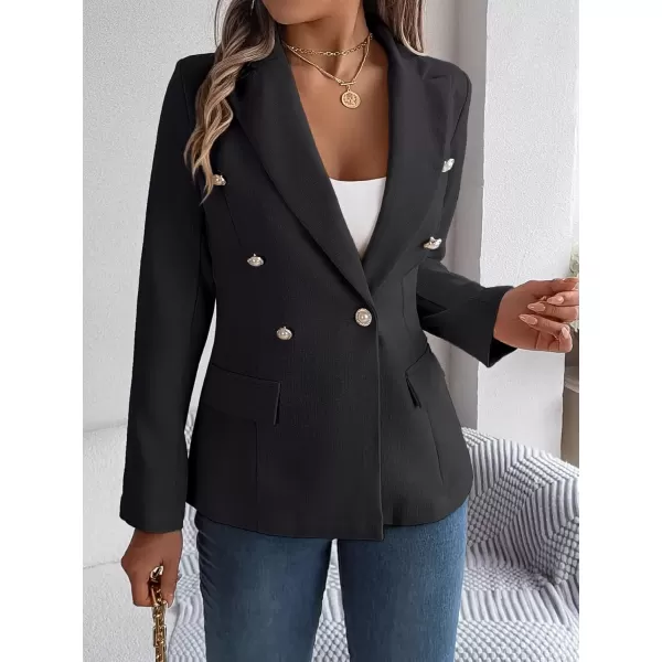 imagechouyatou Womens Elegant Lapel Tweed Blazer Double Breasted Business Casual Tweed Blazer JacketBlack