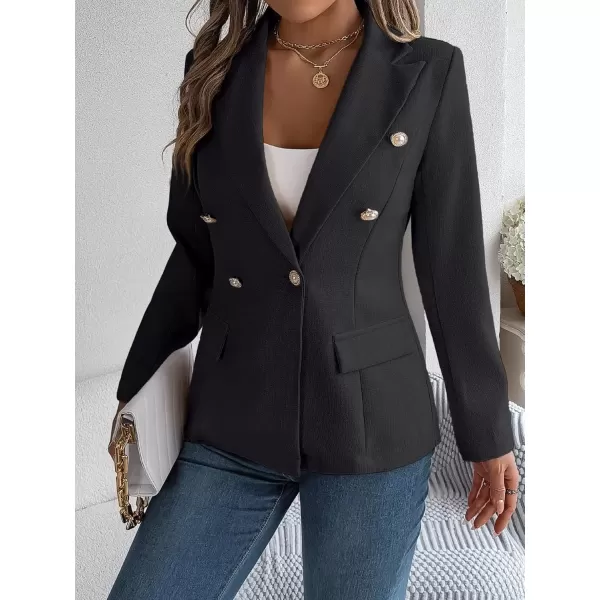 imagechouyatou Womens Elegant Lapel Tweed Blazer Double Breasted Business Casual Tweed Blazer JacketBlack