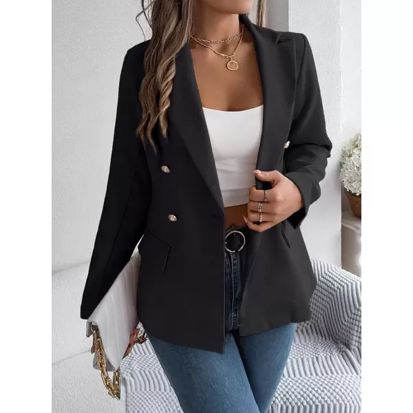 imagechouyatou Womens Elegant Lapel Tweed Blazer Double Breasted Business Casual Tweed Blazer JacketBlack