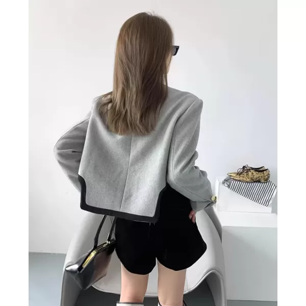 imagechouyatou Womens Elegant Wool Blend Cropped Blazer Jacket Double Breasted Coat Open Front Short Suit TopGrey