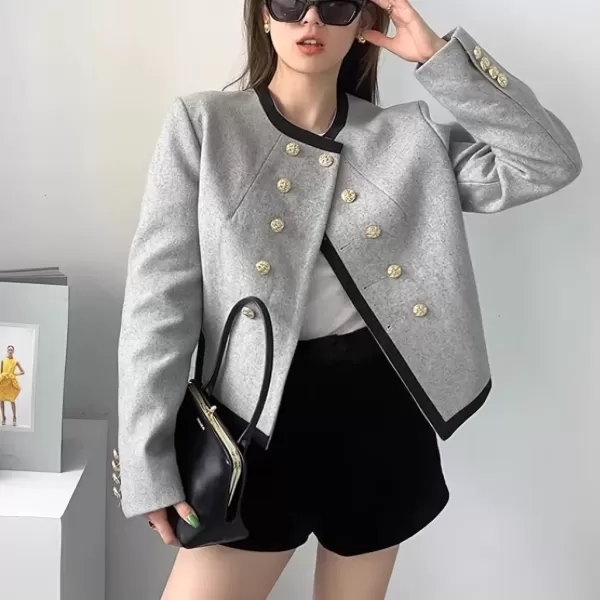 imagechouyatou Womens Elegant Wool Blend Cropped Blazer Jacket Double Breasted Coat Open Front Short Suit TopGrey