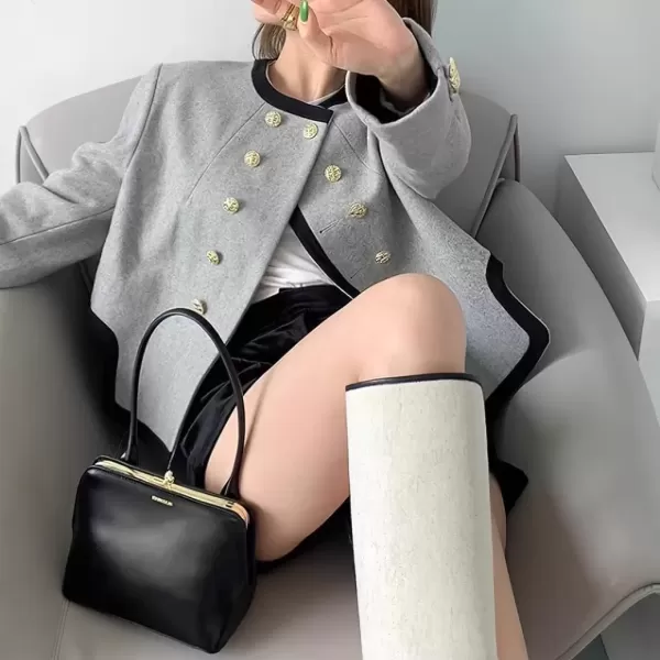 imagechouyatou Womens Elegant Wool Blend Cropped Blazer Jacket Double Breasted Coat Open Front Short Suit TopGrey