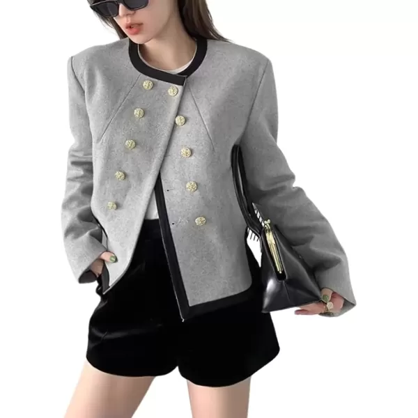imagechouyatou Womens Elegant Wool Blend Cropped Blazer Jacket Double Breasted Coat Open Front Short Suit TopGrey
