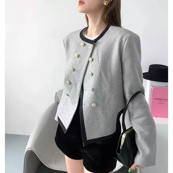 imagechouyatou Womens Elegant Wool Blend Cropped Blazer Jacket Double Breasted Coat Open Front Short Suit TopGrey
