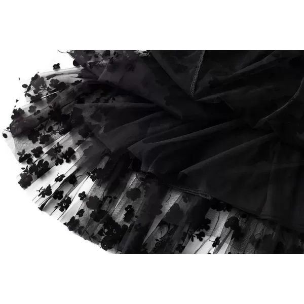 imagechouyatou Womens Fairy ALine Pleated Swing Dance Midi Long Floral Tulle SkirtBlack