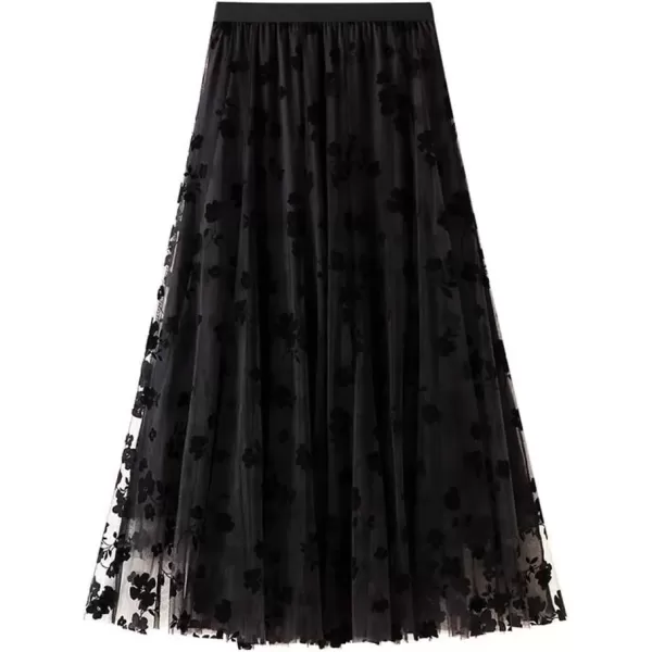 imagechouyatou Womens Fairy ALine Pleated Swing Dance Midi Long Floral Tulle SkirtBlack