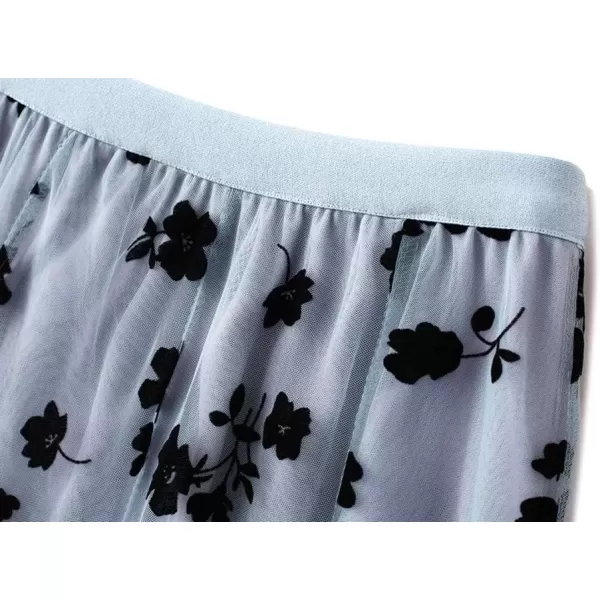 imagechouyatou Womens Fairy ALine Pleated Swing Dance Midi Long Floral Tulle SkirtBlue