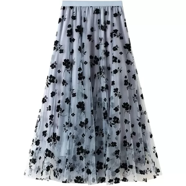 imagechouyatou Womens Fairy ALine Pleated Swing Dance Midi Long Floral Tulle SkirtBlue