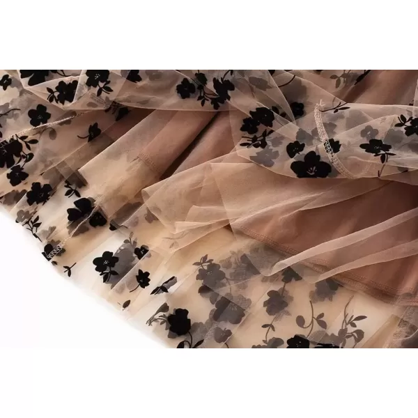 imagechouyatou Womens Fairy ALine Pleated Swing Dance Midi Long Floral Tulle SkirtKhaki
