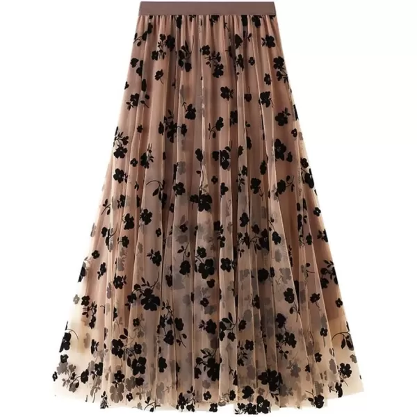 imagechouyatou Womens Fairy ALine Pleated Swing Dance Midi Long Floral Tulle SkirtKhaki