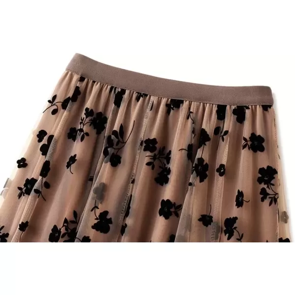 imagechouyatou Womens Fairy ALine Pleated Swing Dance Midi Long Floral Tulle SkirtKhaki