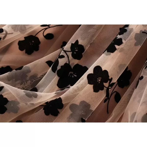 imagechouyatou Womens Fairy ALine Pleated Swing Dance Midi Long Floral Tulle SkirtKhaki