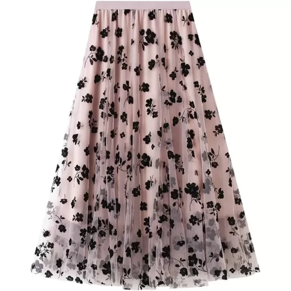 imagechouyatou Womens Fairy ALine Pleated Swing Dance Midi Long Floral Tulle SkirtPink