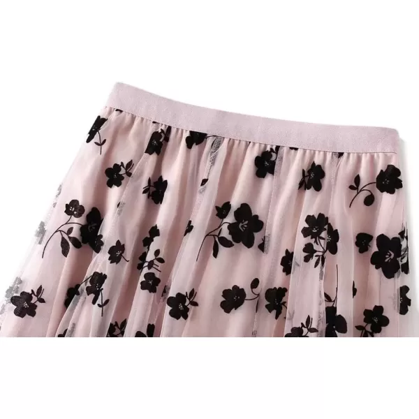 imagechouyatou Womens Fairy ALine Pleated Swing Dance Midi Long Floral Tulle SkirtPink