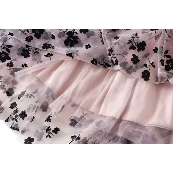 imagechouyatou Womens Fairy ALine Pleated Swing Dance Midi Long Floral Tulle SkirtPink