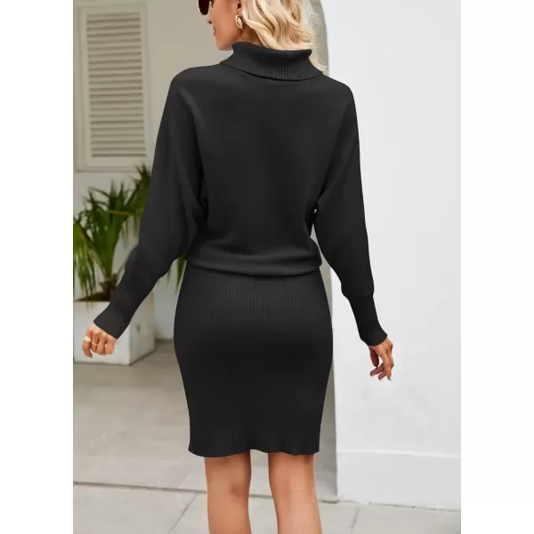 imagechouyatou Womens Fall Bodycon Midi Sweater Dress Sexy Elegant Pullover Turtleneck Sweater DressBlack