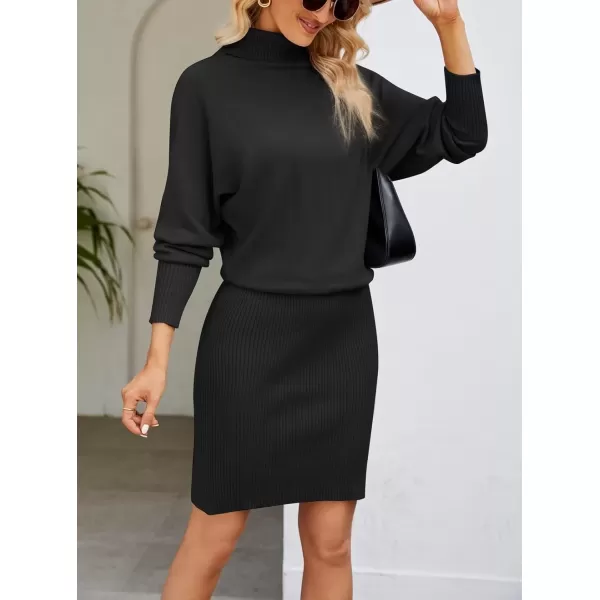 imagechouyatou Womens Fall Bodycon Midi Sweater Dress Sexy Elegant Pullover Turtleneck Sweater DressBlack