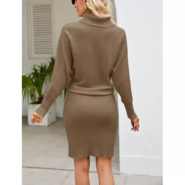 imagechouyatou Womens Fall Bodycon Midi Sweater Dress Sexy Elegant Pullover Turtleneck Sweater DressDark Khaki