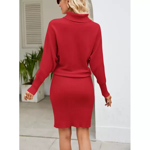imagechouyatou Womens Fall Bodycon Midi Sweater Dress Sexy Elegant Pullover Turtleneck Sweater DressRed