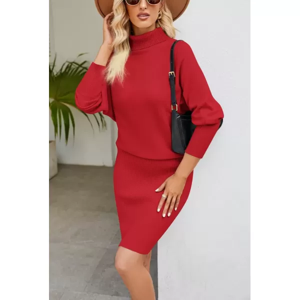 imagechouyatou Womens Fall Bodycon Midi Sweater Dress Sexy Elegant Pullover Turtleneck Sweater DressRed