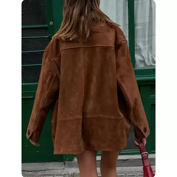 imagechouyatou Womens Fall Boyfriend Faux Suede Leather Jacket Casual Midi Long Button Down Shacket CoatBrown