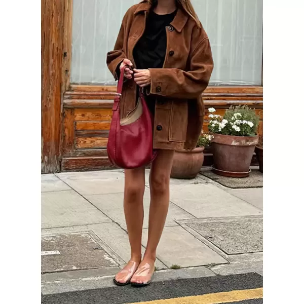 imagechouyatou Womens Fall Boyfriend Faux Suede Leather Jacket Casual Midi Long Button Down Shacket CoatBrown