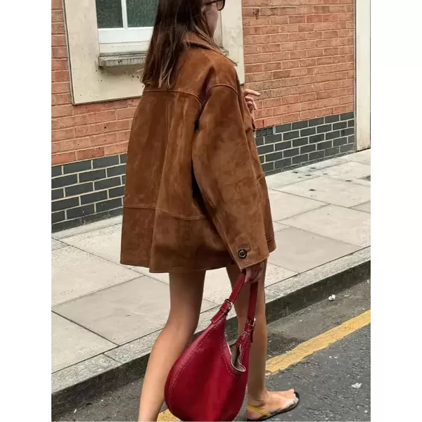 imagechouyatou Womens Fall Boyfriend Faux Suede Leather Jacket Casual Midi Long Button Down Shacket CoatBrown