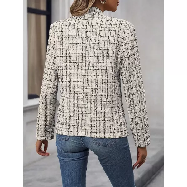imagechouyatou Womens Fall Business Plaid Tweed Blazer Jacket Collarless Open Front Dressy Tweed Blazer SuitApricot