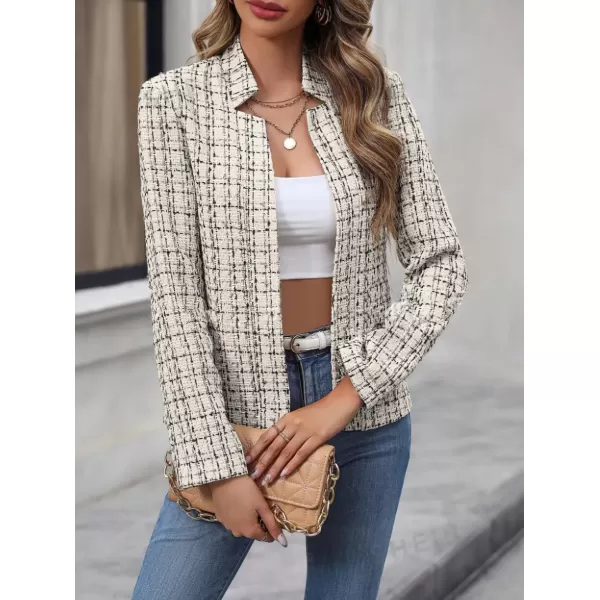 imagechouyatou Womens Fall Business Plaid Tweed Blazer Jacket Collarless Open Front Dressy Tweed Blazer SuitApricot
