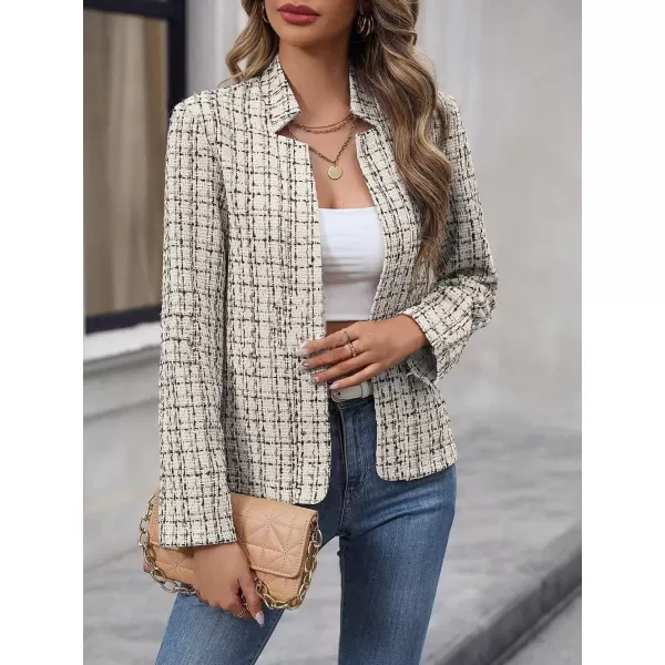 imagechouyatou Womens Fall Business Plaid Tweed Blazer Jacket Collarless Open Front Dressy Tweed Blazer SuitApricot