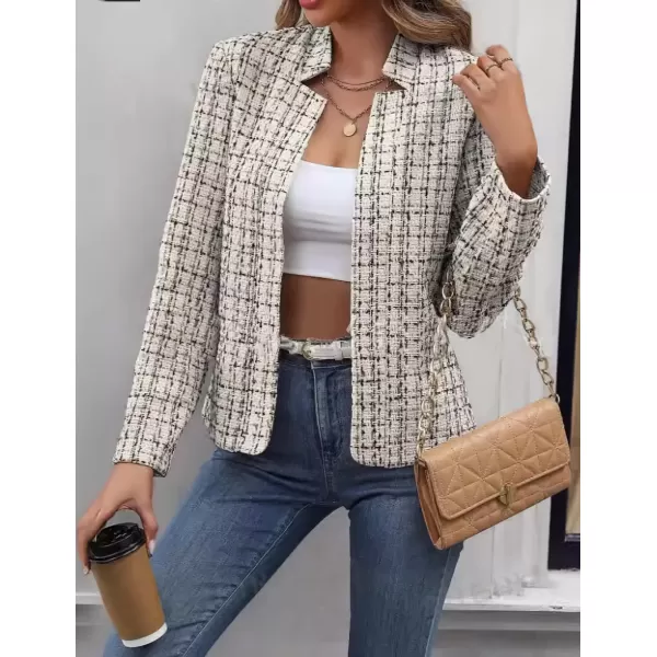 imagechouyatou Womens Fall Business Plaid Tweed Blazer Jacket Collarless Open Front Dressy Tweed Blazer SuitApricot