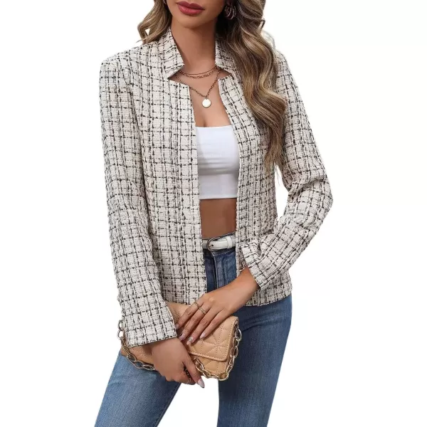 imagechouyatou Womens Fall Business Plaid Tweed Blazer Jacket Collarless Open Front Dressy Tweed Blazer SuitBeige
